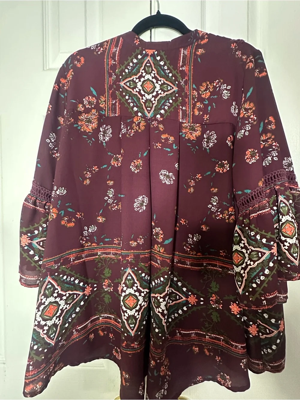 Knox Rose XXL Boho Floral Tunic Blouse Burgundy Bell Sleeve